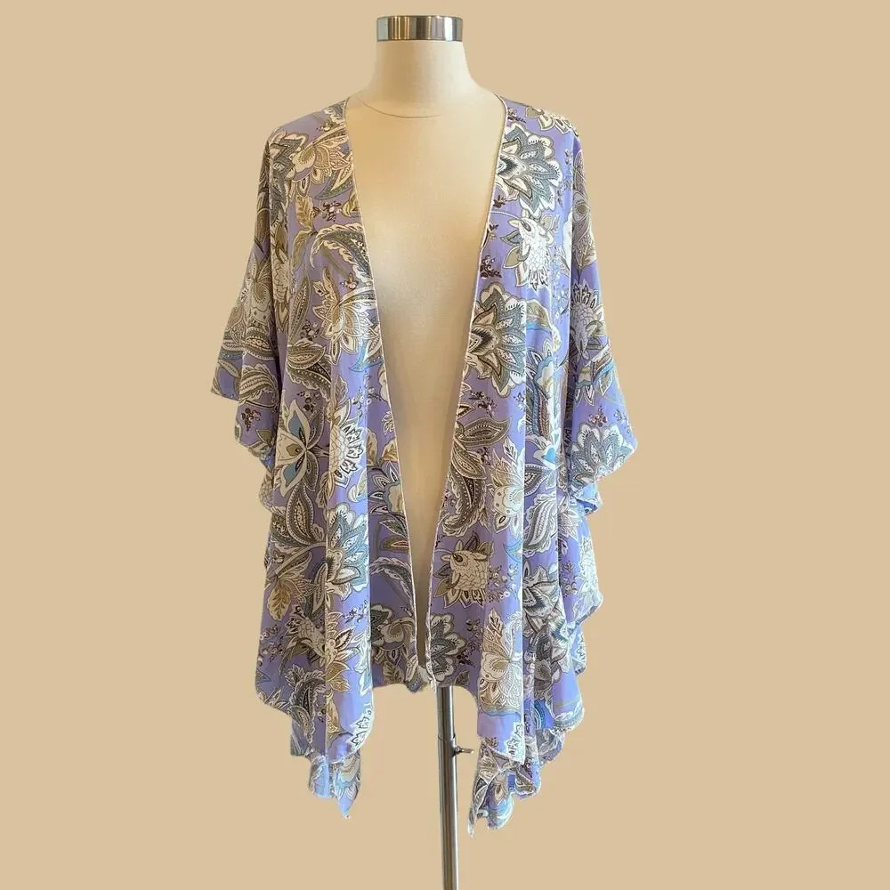 SOLD Boho Floral Kimono Ruffle Beach Coverup Cardigan - Picture 3 of 9